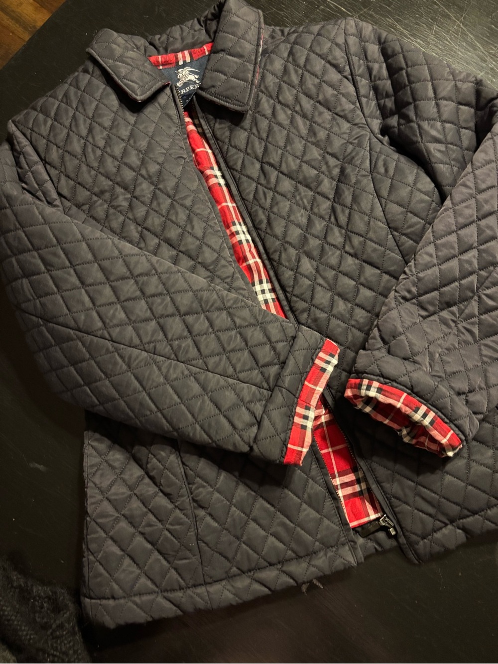 Burberry Quilted Navy Jacket with Red Plaid Lining